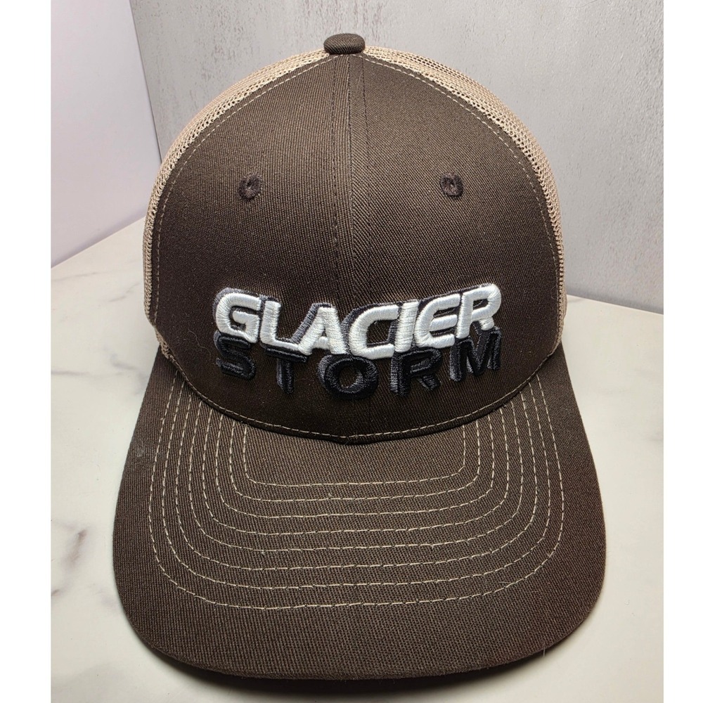 Glacier Storm Trucker Hat Mens Brown Tan Mesh Snapback Embroidered Logo Cap